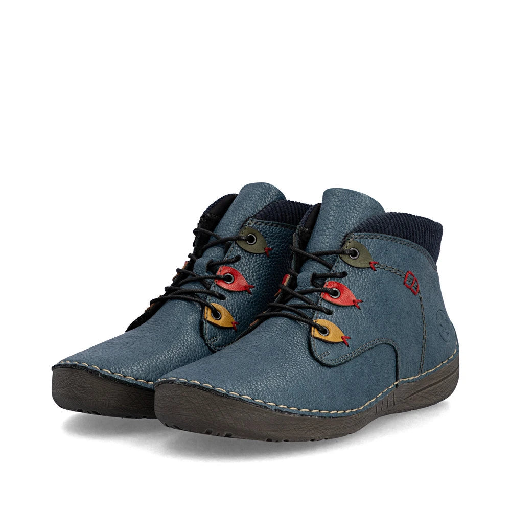 Rieker 52544-14 women's blue zip & lace ankle boots, paired three-quarter view.