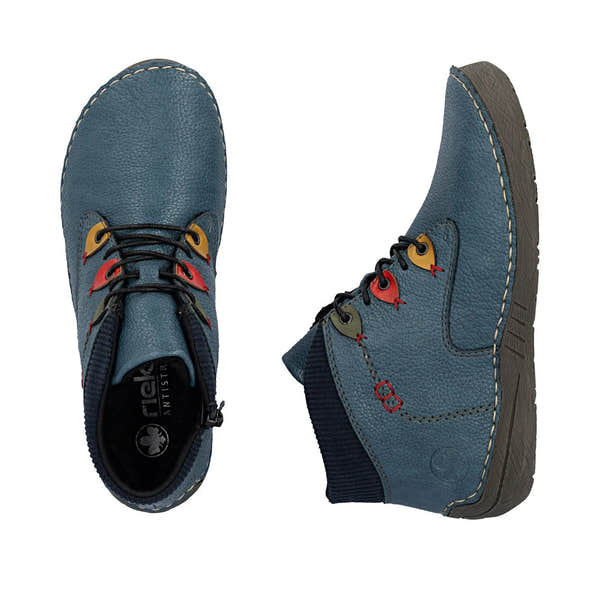 Rieker 52544-14 women's blue zip & lace ankle boots, two-angle product view.
