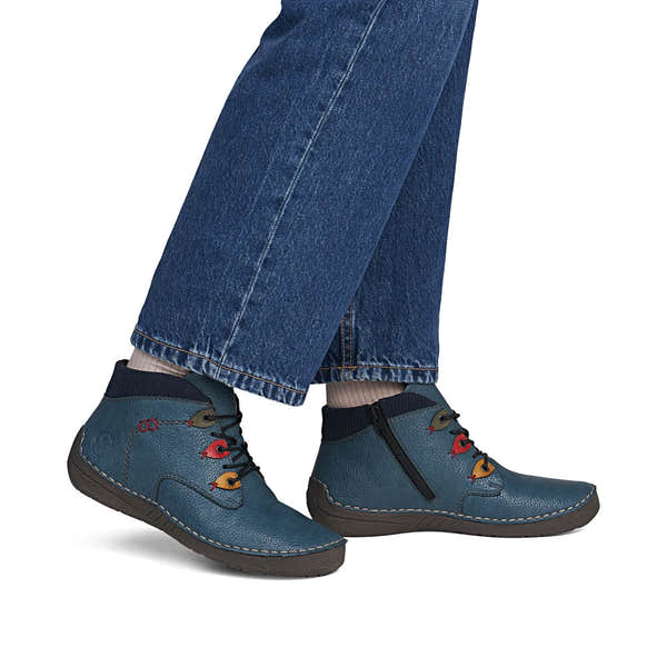 Rieker 52544-14 women's blue zip & lace ankle boots, on-foot lifestyle view.