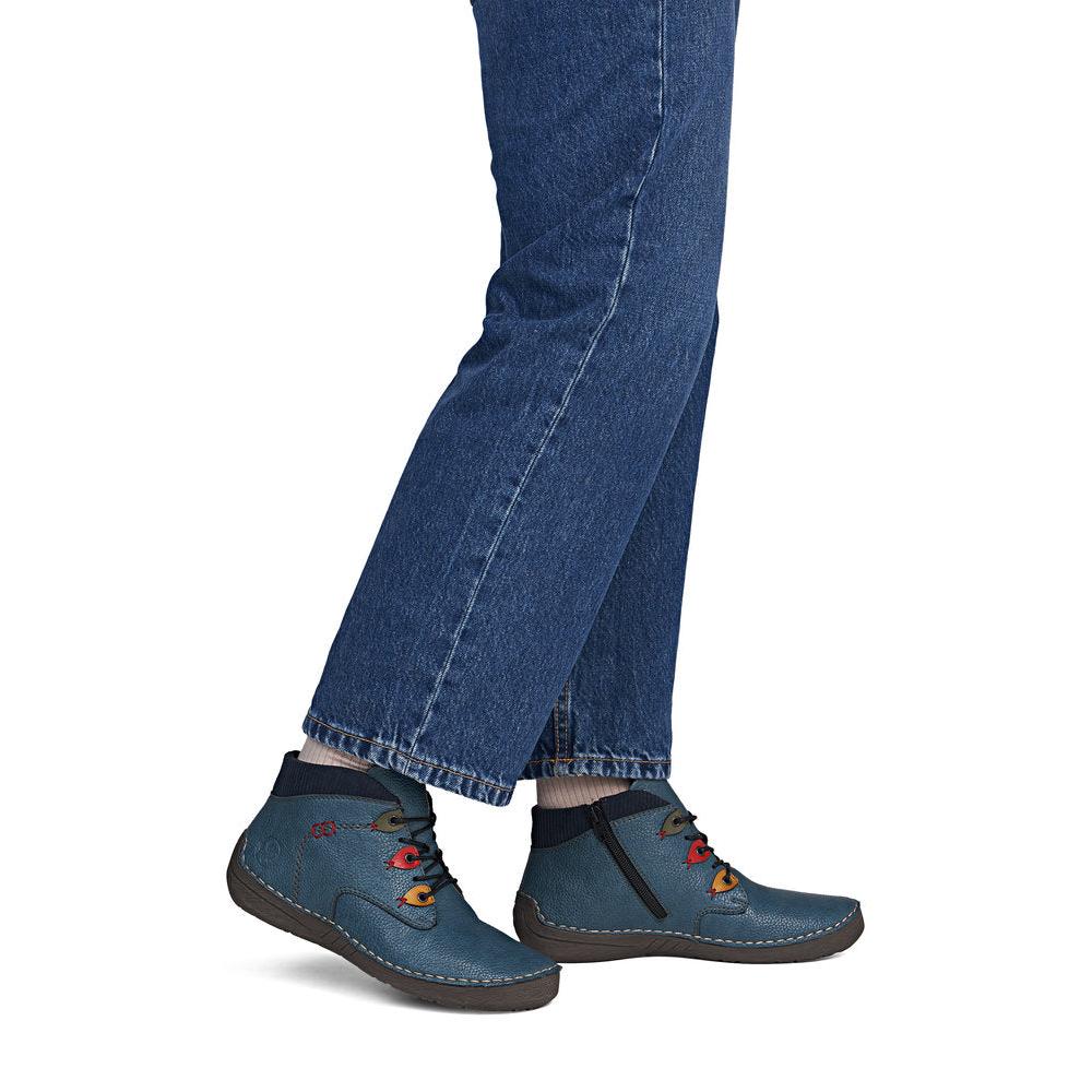 Rieker 52544-14 women's blue zip & lace ankle boots, on-foot lifestyle view.