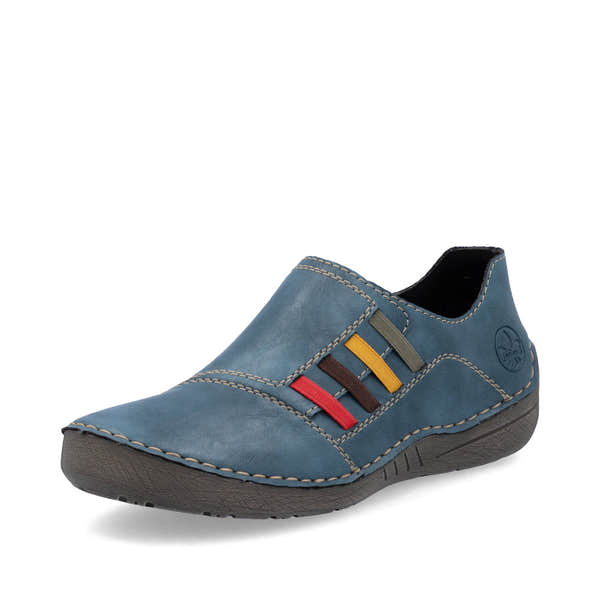 Rieker 52560-14 women's navy elasticated shoes, front three-quarter view.