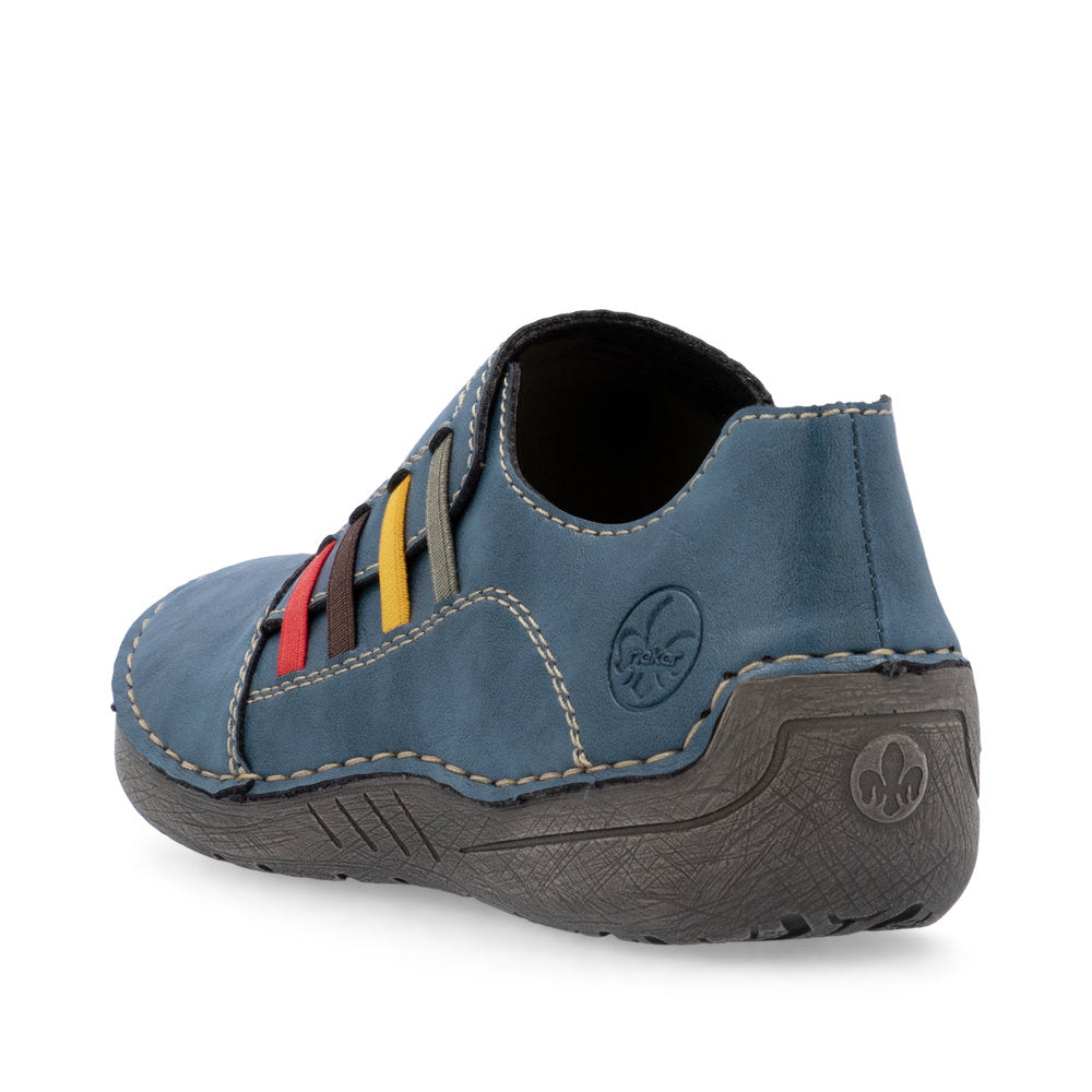 Rieker 52560-14 women's navy elasticated shoes, rear three-quarter view.