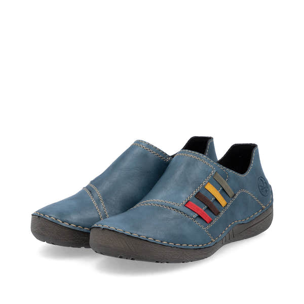 Rieker 52560-14 women's navy elasticated shoes, paired three-quarter view.