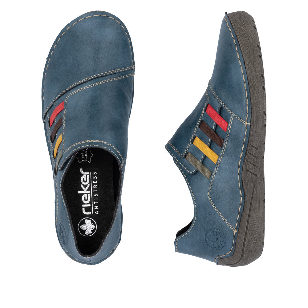 Rieker 52560-14 women's navy elasticated shoes, two-angle product view.