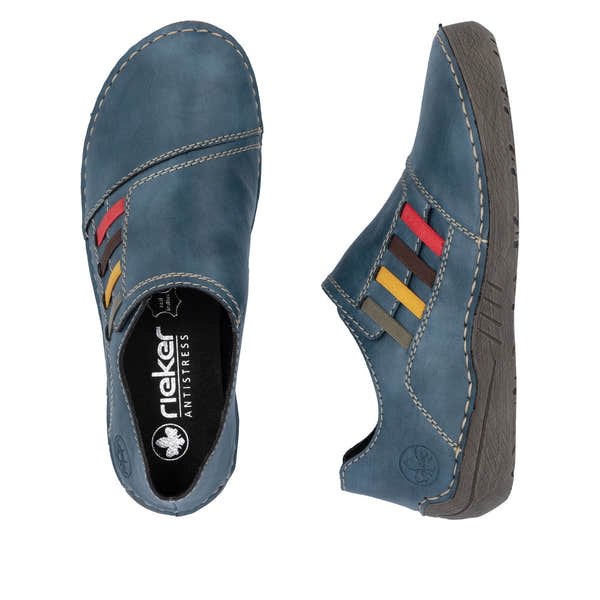 Rieker 52560-14 women's navy elasticated shoes, two-angle product view.