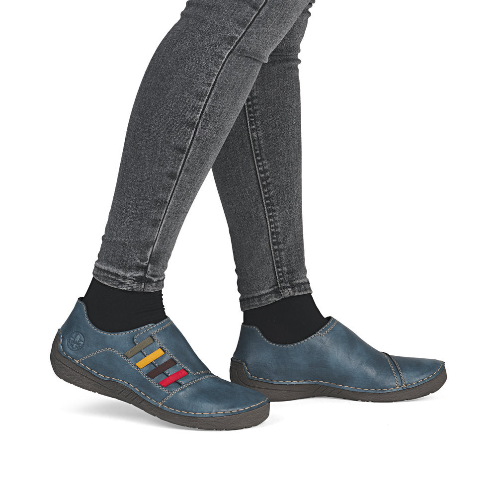 Rieker 52560-14 women's navy elasticated shoes, on-foot lifestyle view.