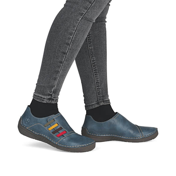 Rieker 52560-14 women's navy elasticated shoes, on-foot lifestyle view.