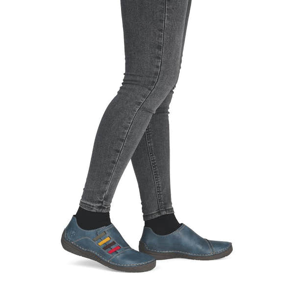 Rieker 52560-14 women's navy elasticated shoes, on-foot lifestyle view.
