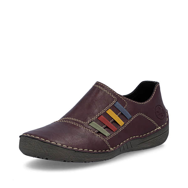 Rieker 52560-30 women's red elasticated shoes, front three-quarter view.