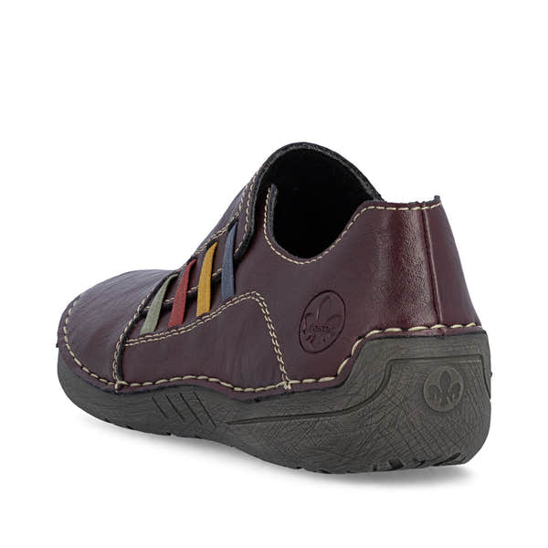 Rieker 52560-30 women's red elasticated shoes, rear three-quarter view.