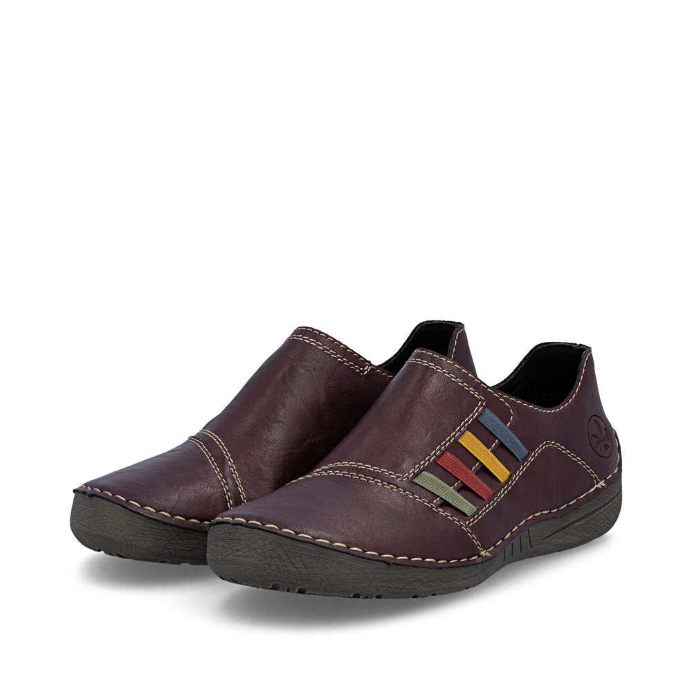 Rieker 52560-30 women's red elasticated shoes, paired three-quarter view.