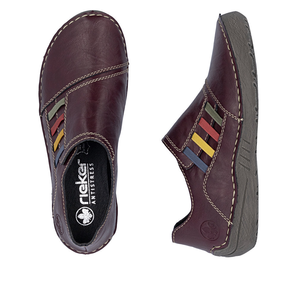 Rieker 52560-30 women's red elasticated shoes, two-angle product view.