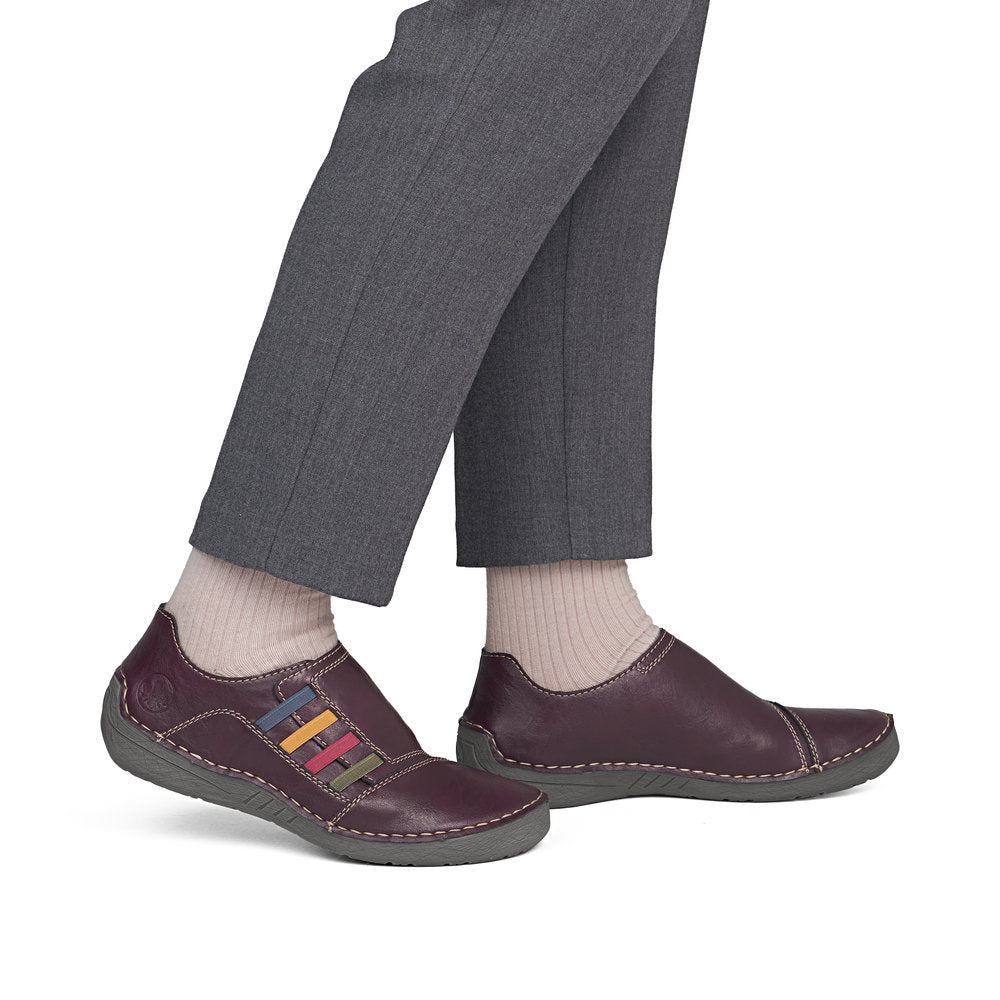 Rieker 52560-30 women's red elasticated shoes, on-foot lifestyle view.
