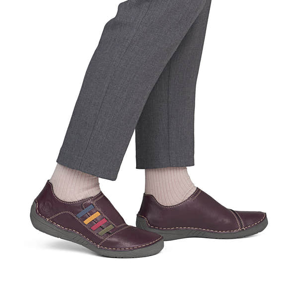 Rieker 52560-30 women's red elasticated shoes, on-foot lifestyle view.