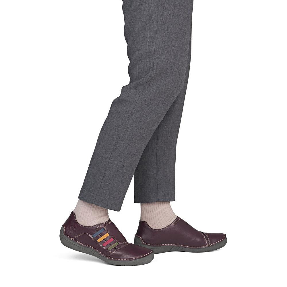 Rieker 52560-30 women's red elasticated shoes, on-foot lifestyle view.