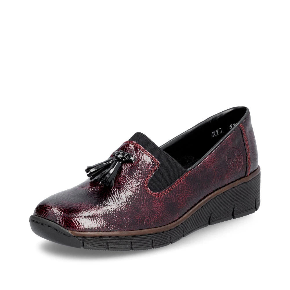 Rieker 53751-35 Burgundy Patent Slip on Shoe, front three-quarter view.