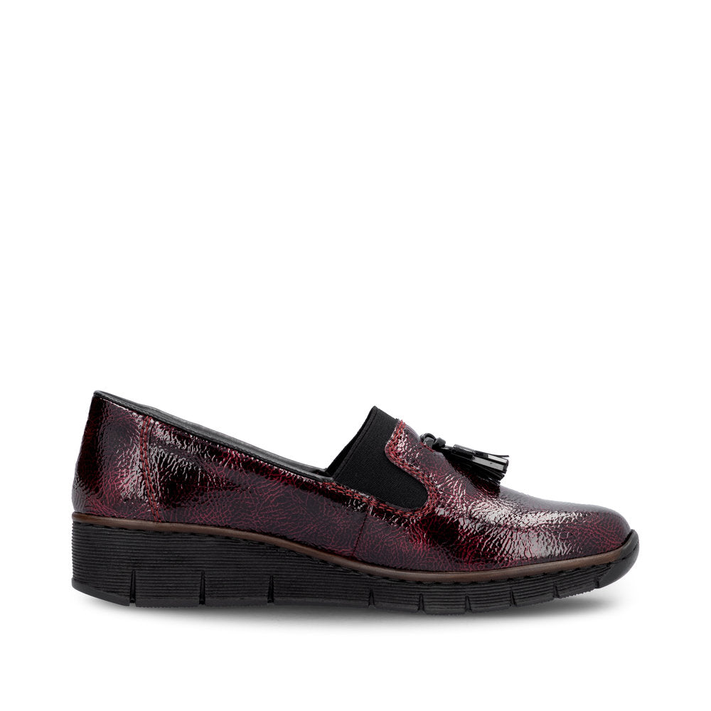 Rieker 53751-35 Burgundy Patent Slip on Shoe, outer side view.
