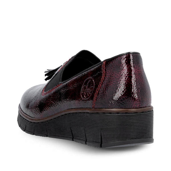Rieker 53751-35 Burgundy Patent Slip on Shoe, rear three-quarter view.