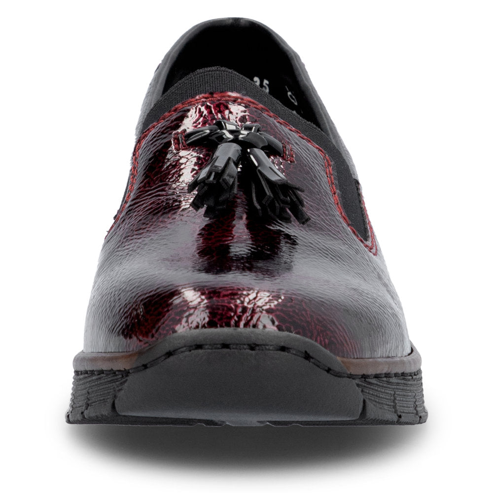 Rieker 53751-35 Burgundy Patent Slip on Shoe, front view.