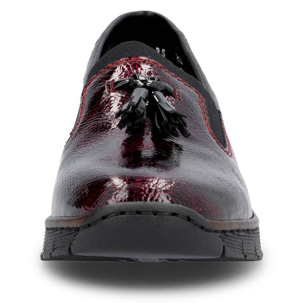 Rieker 53751-35 Burgundy Patent Slip on Shoe, front view.