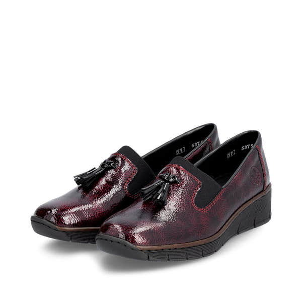Rieker 53751-35 Burgundy Patent Slip on Shoe, paired three-quarter view.