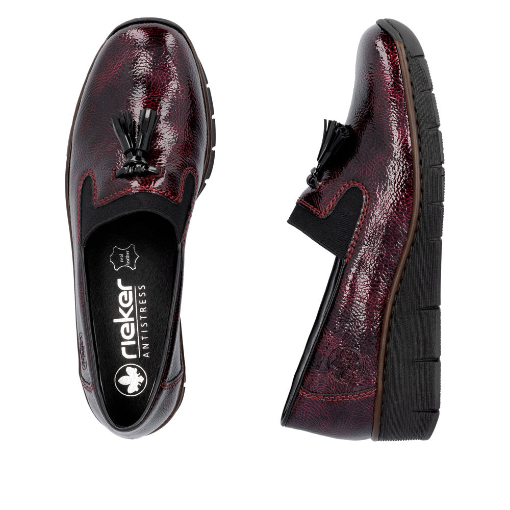 Rieker 53751-35 Burgundy Patent Slip on Shoe, two-angle product view.