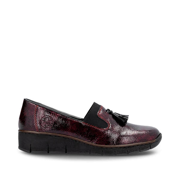 Rieker 53751-35 Burgundy Patent Slip on Shoe, opposite side view.
