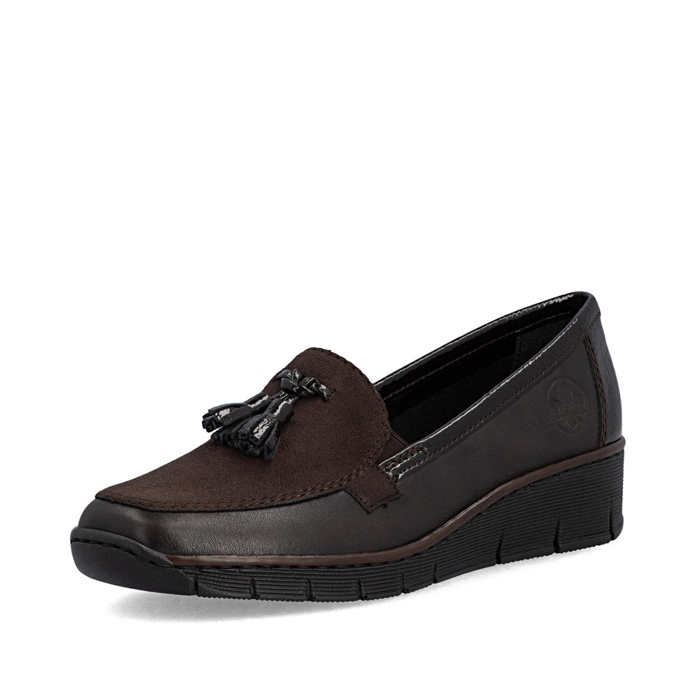 Rieker 53771-25 women's brown leather elasticated shoes, front three-quarter view.