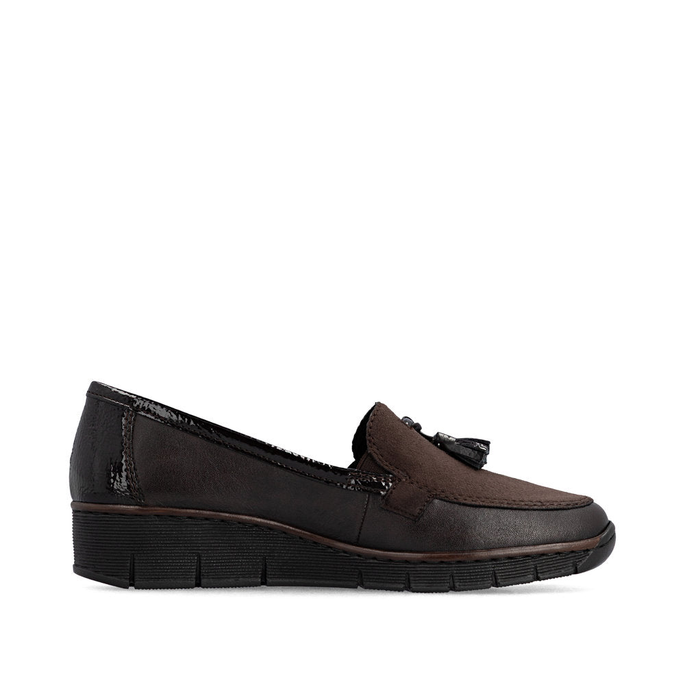 Rieker 53771-25 women's brown leather elasticated shoes, outer side view.