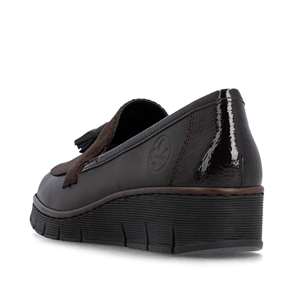 Rieker 53771-25 women's brown leather elasticated shoes, rear three-quarter view.