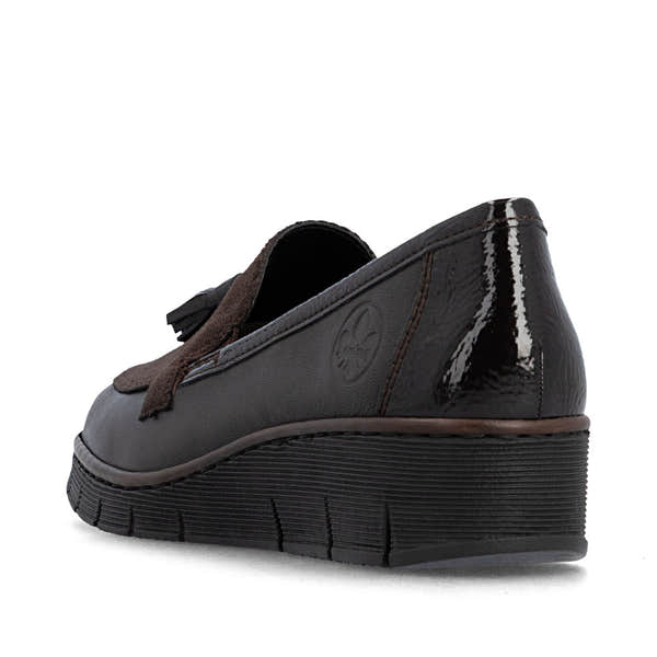 Rieker 53771-25 women's brown leather elasticated shoes, rear three-quarter view.