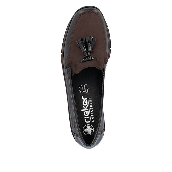 Rieker 53771-25 women's brown leather elasticated shoes, top view.