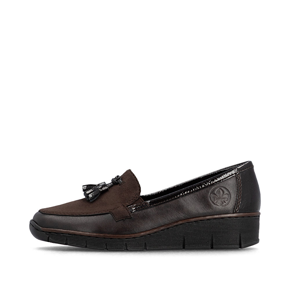 Rieker 53771-25 women's brown leather elasticated shoes, inner side view.