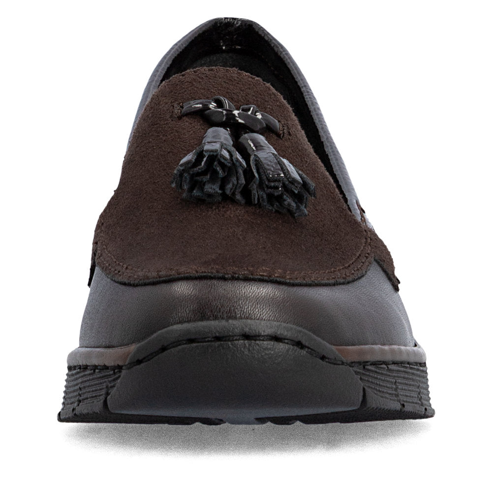 Rieker 53771-25 women's brown leather elasticated shoes, front view.