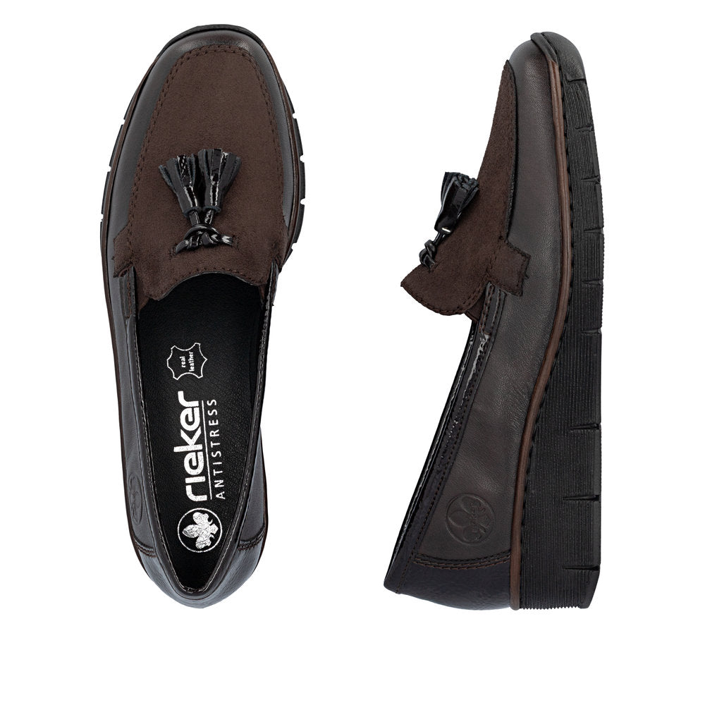 Rieker 53771-25 women's brown leather elasticated shoes, two-angle product view.