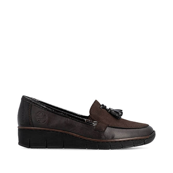Rieker 53771-25 women's brown leather elasticated shoes, opposite side view.