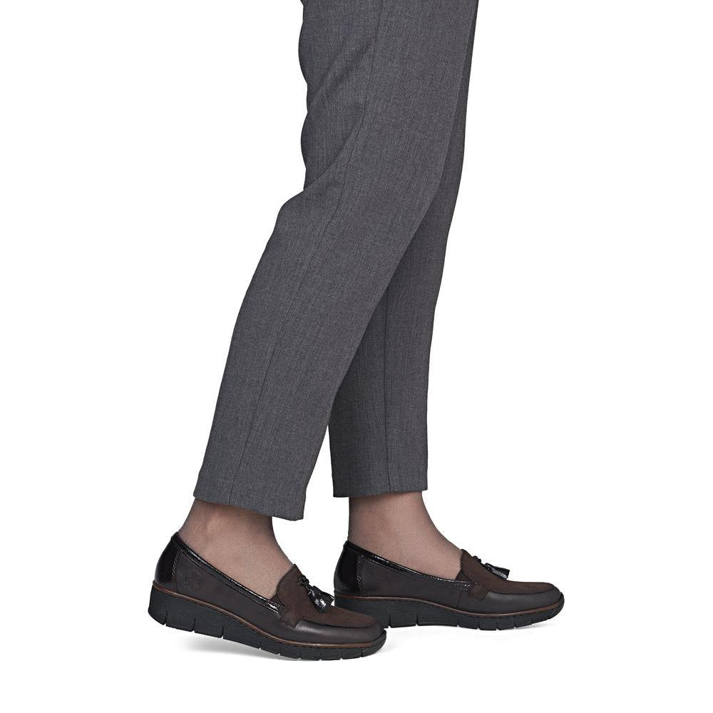 Rieker 53771-25 women's brown leather elasticated shoes, on-foot lifestyle view.