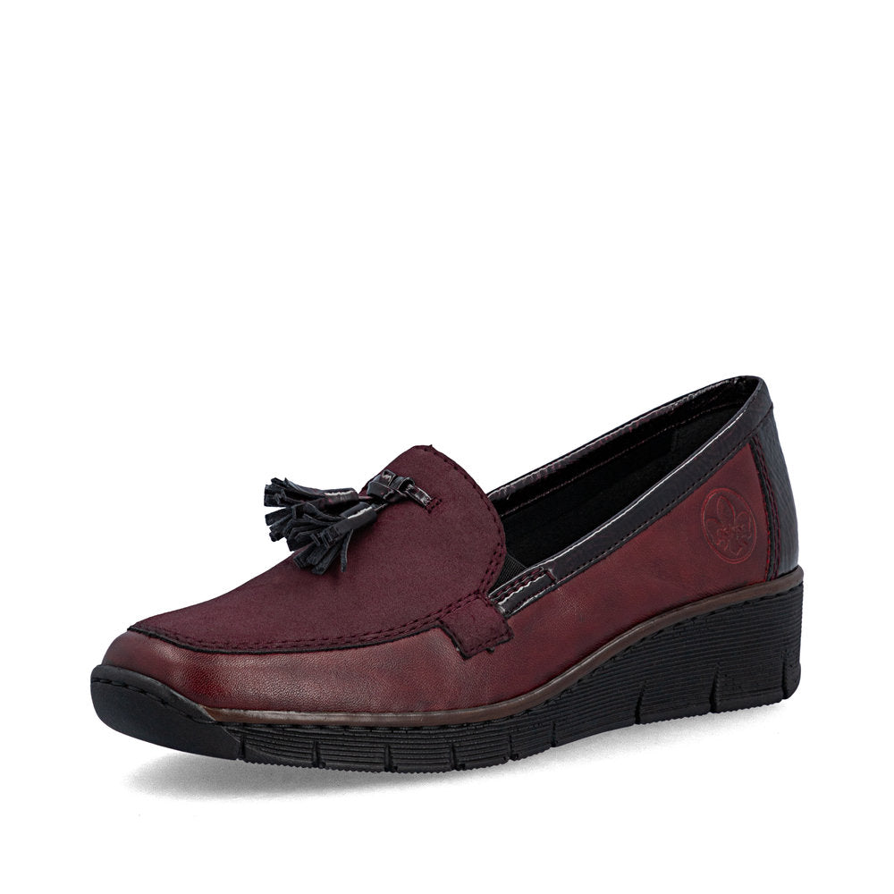 Rieker 53771-35 women's bordeaux leather elasticated shoes, front three-quarter view.