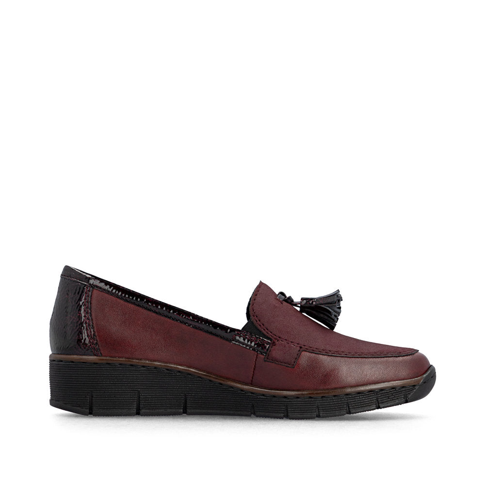 Rieker 53771-35 women's bordeaux leather elasticated shoes, outer side view.