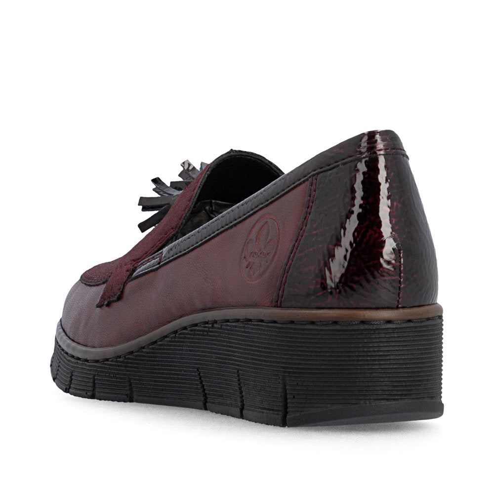 Rieker 53771-35 women's bordeaux leather elasticated shoes, rear three-quarter view.