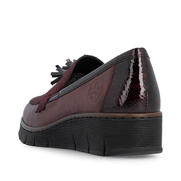 Rieker 53771-35 women's bordeaux leather elasticated shoes, rear three-quarter view.