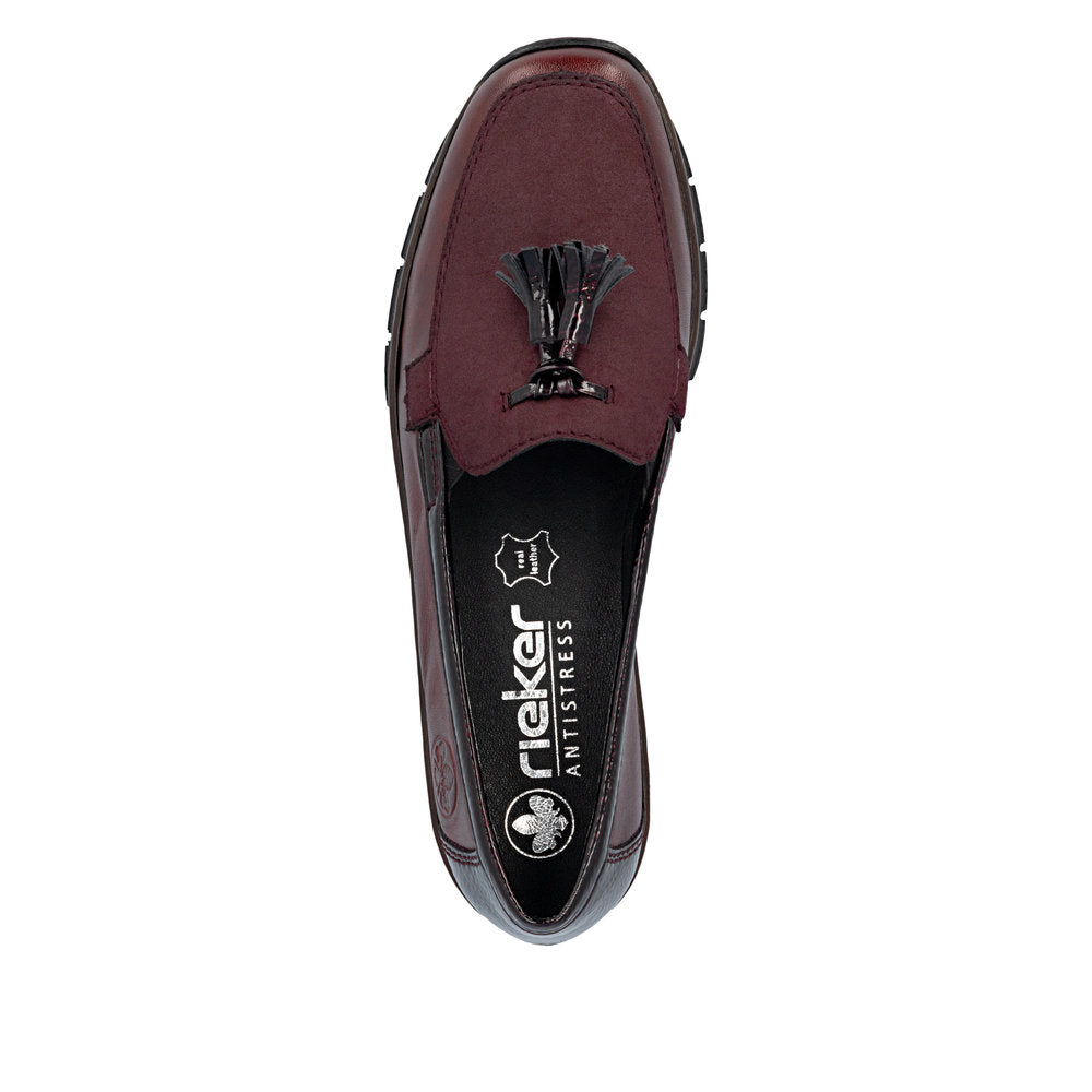 Rieker 53771-35 women's bordeaux leather elasticated shoes, top view.