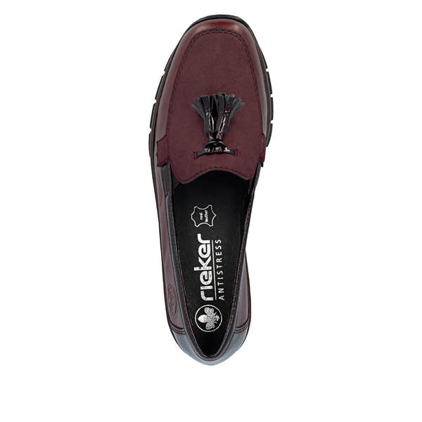 Rieker 53771-35 women's bordeaux leather elasticated shoes, top view.