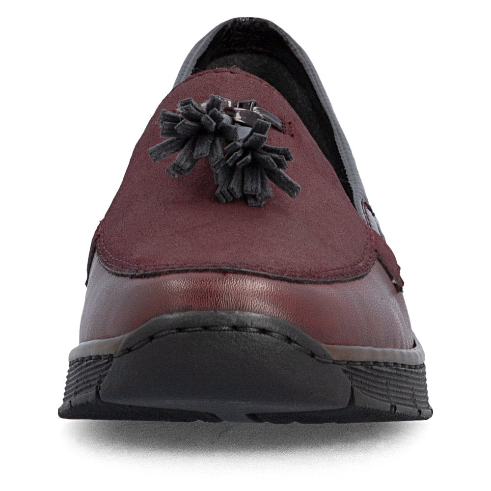 Rieker 53771-35 women's bordeaux leather elasticated shoes, front view.