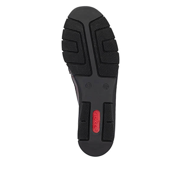 Rieker 53771-35 women's bordeaux leather elasticated shoes, sole and tread view.