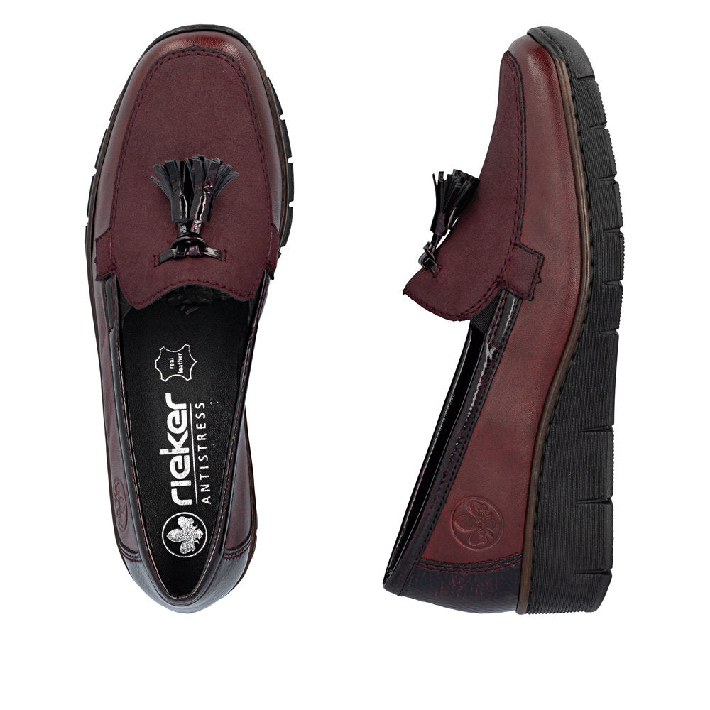 Rieker 53771-35 women's bordeaux leather elasticated shoes, two-angle product view.