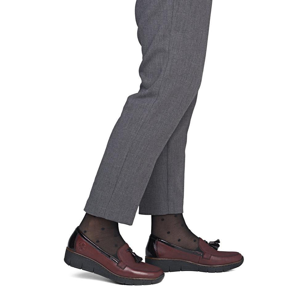 Rieker 53771-35 women's bordeaux leather elasticated shoes, on-foot lifestyle view.