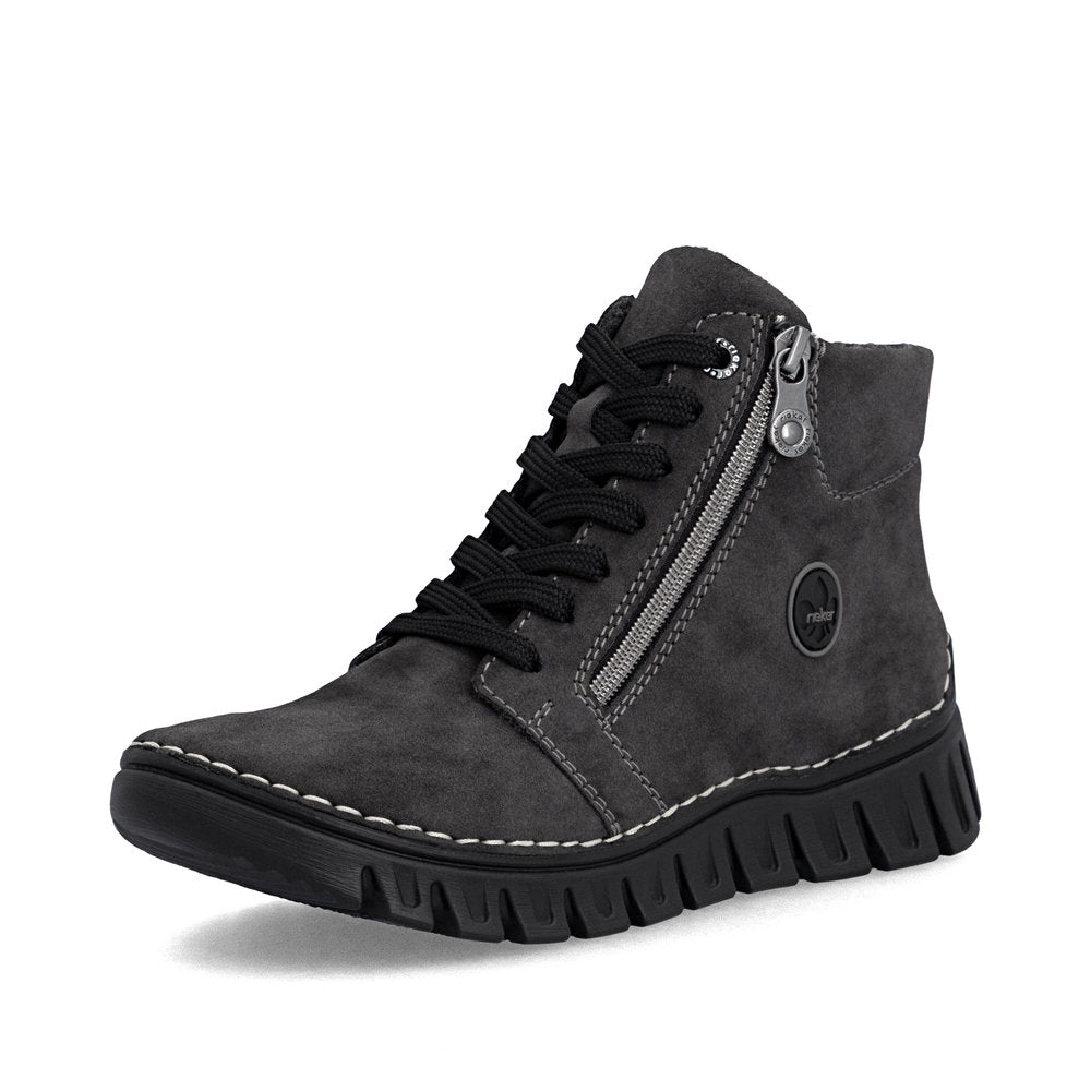 Rieker 57502-45 women's grey zip & lace mid-calf boots, front three-quarter view.