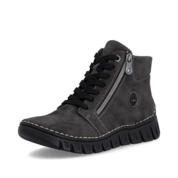Rieker 57502-45 women's grey zip & lace mid-calf boots, front three-quarter view.