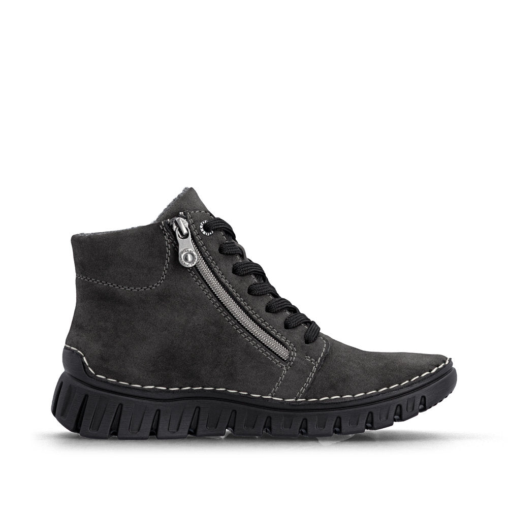 Rieker 57502-45 women's grey zip & lace mid-calf boots, outer side view.